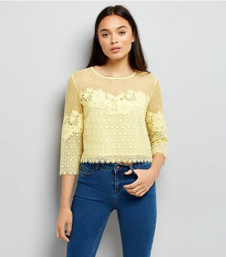 Yellow Spot Mesh Lace Panel Top | New Look