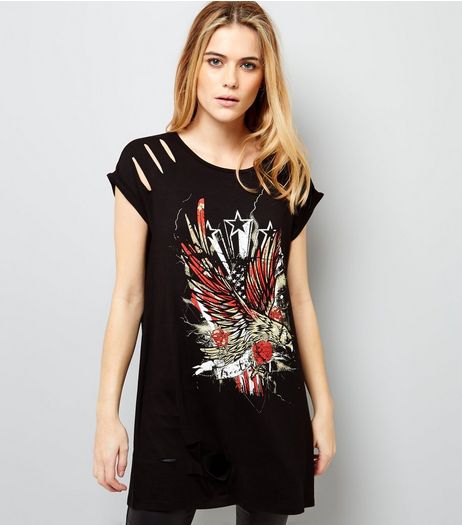 Black Ripped Eagle Print Longline T-Shirt | New Look