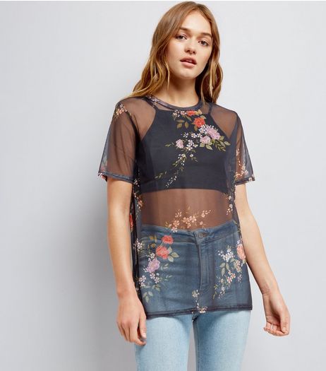 Black Floral Print Mesh Boyfriend T-Shirt | New Look