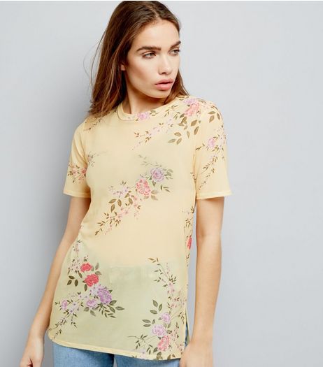 Yellow Mesh Floral Print Boyfriend T-Shirt | New Look
