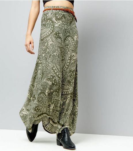 Apricot Olive Green Paisley Print Belted Maxi Skirt | New Look