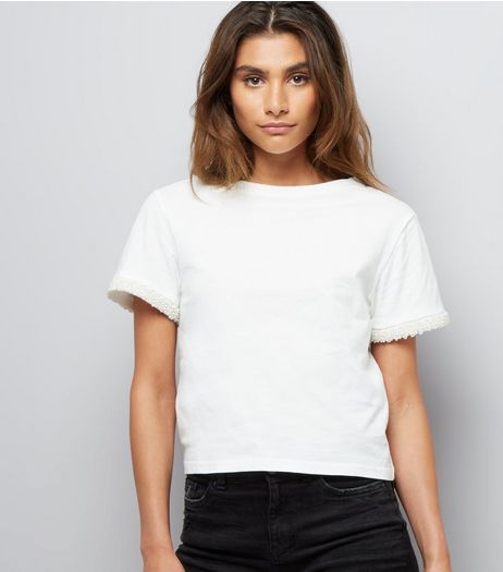 Cream Pearl Trim T-Shirt | New Look