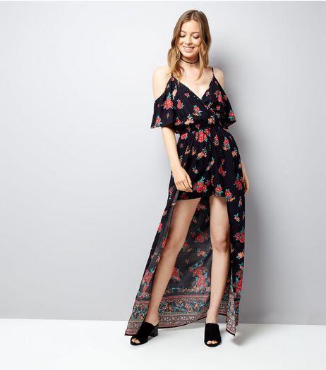 Black Floral Print Wrap Front Maxi Playsuit | New Look
