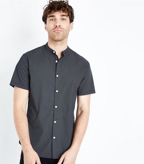Navy Tiny Print Grandad Collar Shirt | New Look