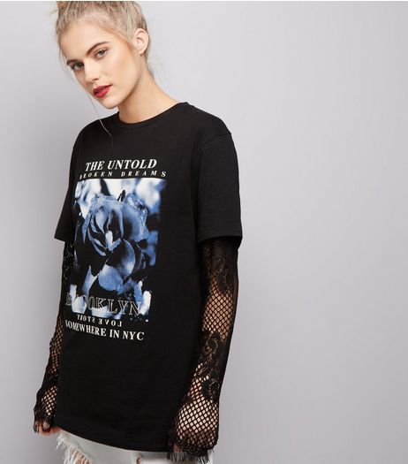 Black Photo Print Lace Sleeve T-Shirt | New Look
