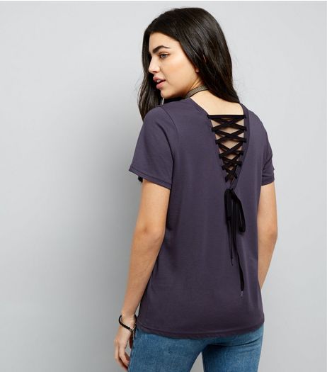 Dark Grey Stolen Hearts Moon Print Lace Up T-Shirt | New Look