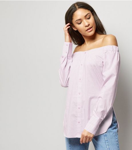 Pink Stripe Bardot Neck Long Sleeve Shirt | New Look