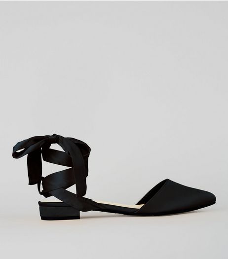 Wide Fit Black Satin Ankle Tie Sandals | New Look