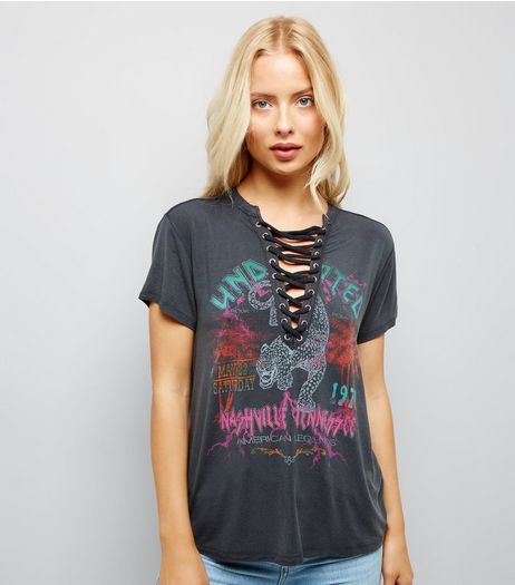 Dark Grey Washed Lattice Front Rock T-Shirt | New Look