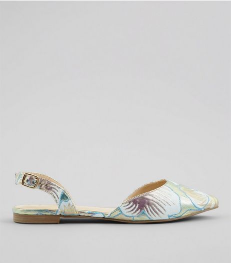 Wide Fit Mint Green Floral Brocade Sling Back Pumps | New Look