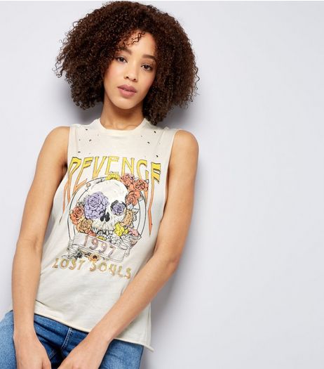 Cream Skull Print Cut Out Tank Top | New Look