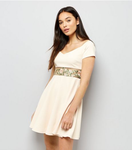 Shell Pink Lace Floral Waist Trim Bardot Dress | New Look
