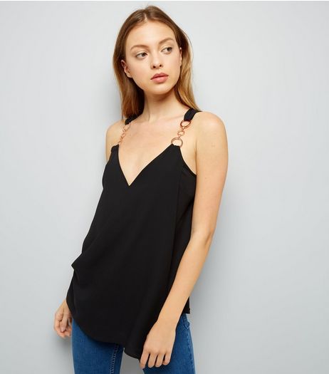 Black Ring Strap Asymmetric Wrap Front Top | New Look