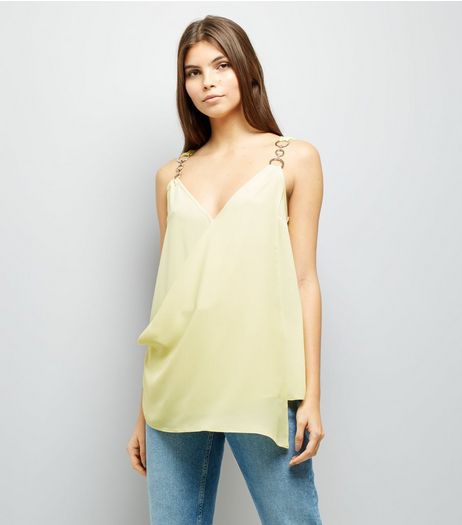 Yellow Ring Strap Asymmetric Wrap Front Top | New Look