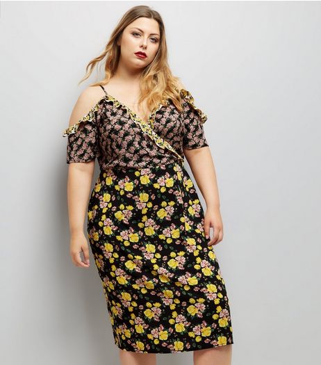 Curves Black Mixed Floral Print Cold Shoulder Midi Dress | New Look