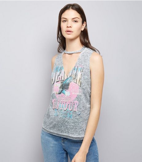 Dark Grey Seattle Print Choker Neck Tank Top | New Look