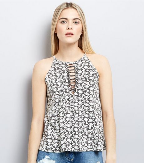 Black Floral Print Tie Front Tank Top | New Look