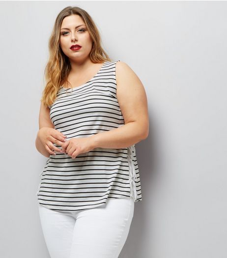 Curves White Stripe Tie Side Tank Top | New Look