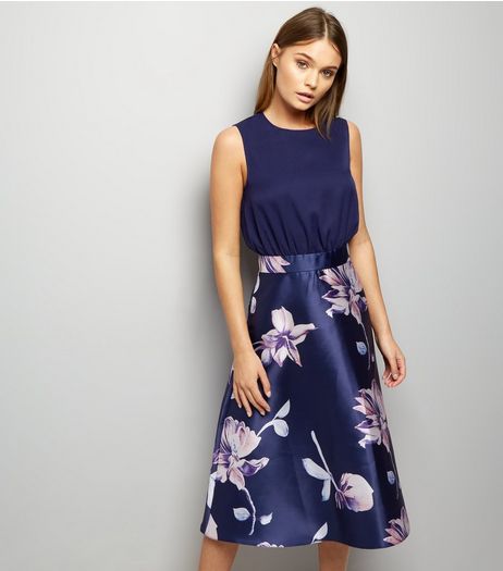 AX Paris Blue Floral Print Skater Skirt Dress | New Look