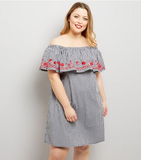 Curves Black Gingham Floral Embroidered Bardot Neck Dress | New Look
