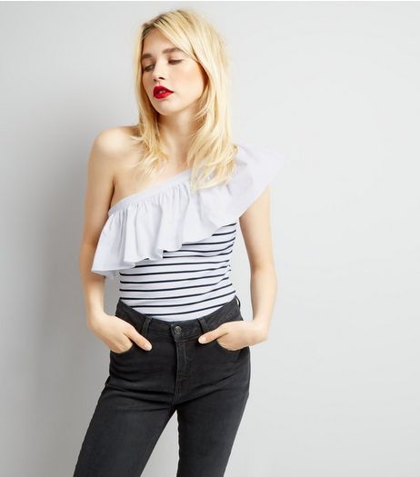 White Stripe Frill Trim Off The Shoulder Top | New Look