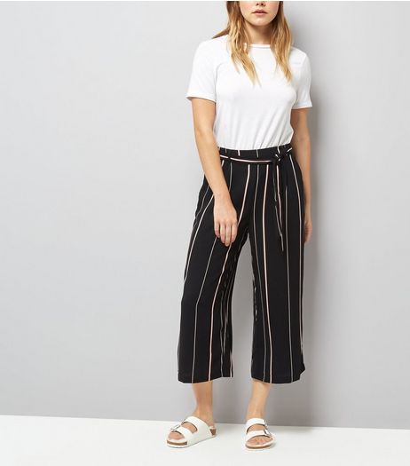 Black Tie Waist Stripe Cropped Trousers | New Look