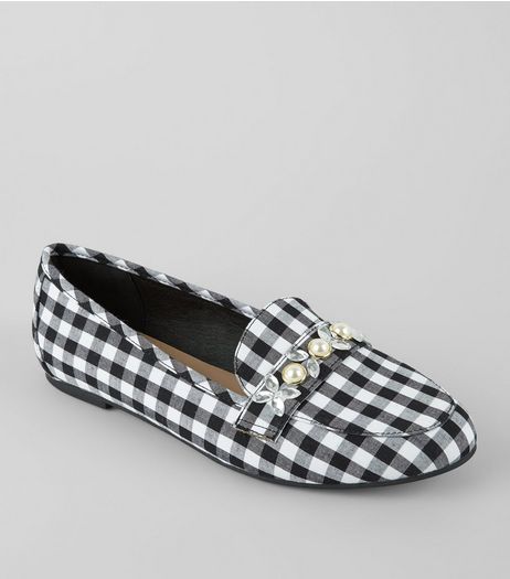 Black Gingham Embellished Loafers | New Look