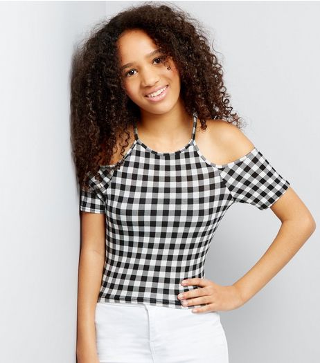 Teens Gingham Check Cold Shoulder Top | New Look