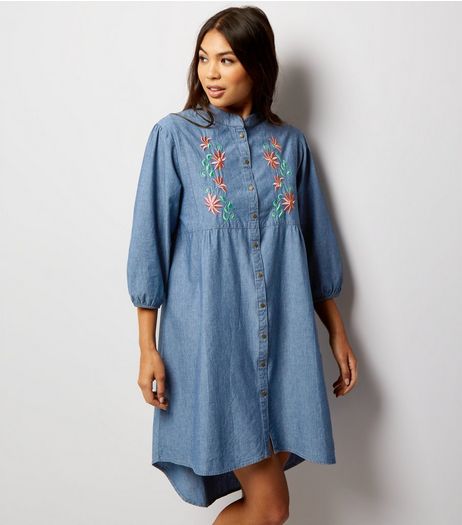 Mela Pale Blue Floral Embroidered Denim Dress | New Look