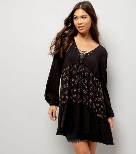 Apricot Black Lattice Front Floral Panel Smock Dress | New Look