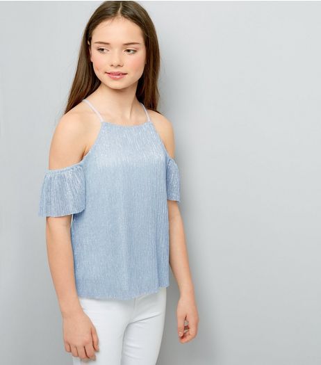 Teens Blue Metallic Pleated Cold Shoulder Top | New Look