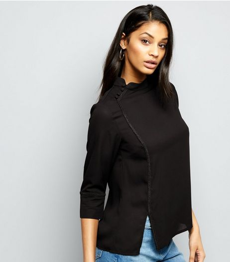 Black Button Trim Funnel Neck 3/4 Sleeve Top | New Look