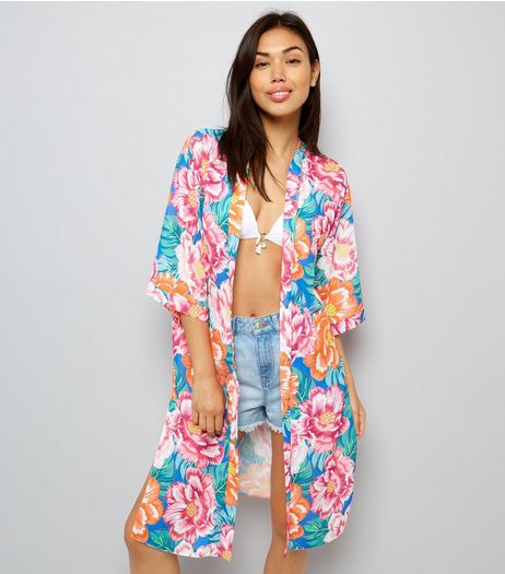 Coral Floral Print Kimono | New Look