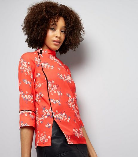 Red Floral Print Button Side Mandarin Collar Top | New Look