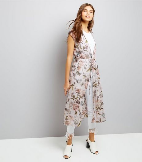 Lilac Floral Print Tie Waist Longline Kimono | New Look