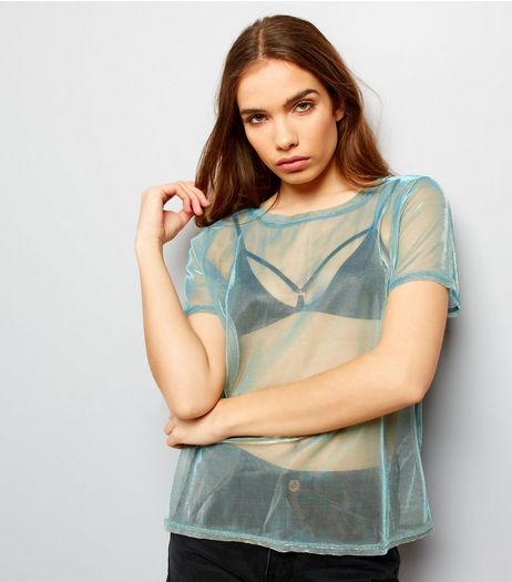 Green Metallic Sheer Short Sleeve Top | New Look