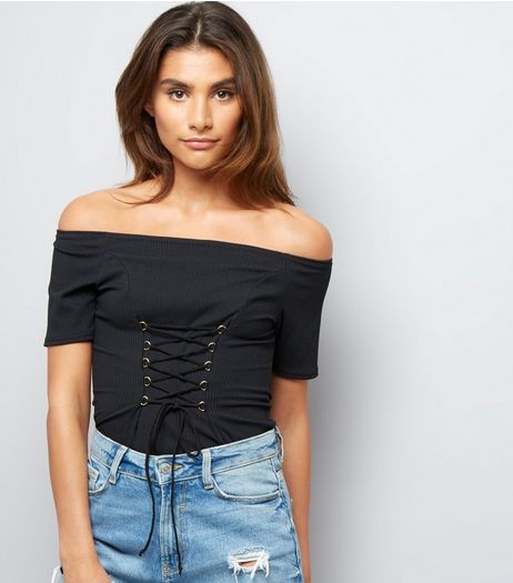 Black Corset Front Bardot Neck Top | New Look