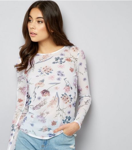 White Floral Print Mesh Long Sleeve Top | New Look