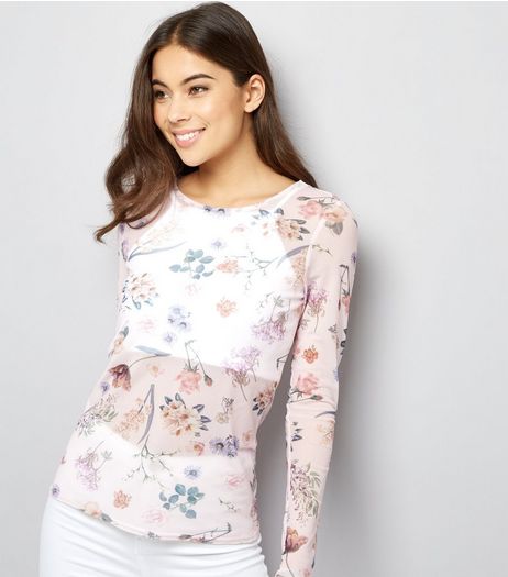 Pink Floral Print Mesh Long Sleeve Top | New Look