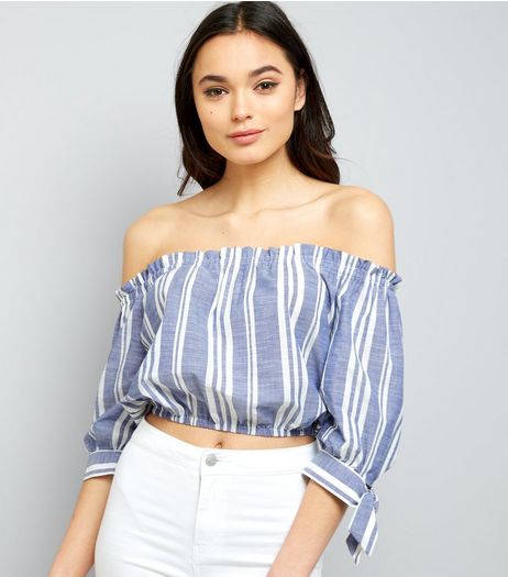 Blue Stripe Bardot Crop Top | New Look