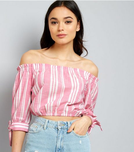 Pink Stripe Bardot Crop Top | New Look