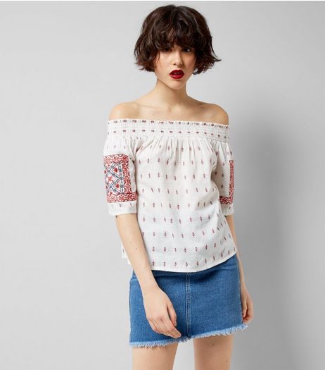 White Embroidered Bardot Neck Top | New Look