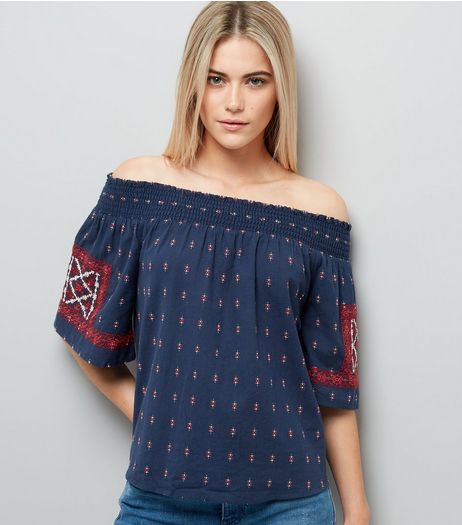 Blue Embroidered Bardot Neck Top | New Look