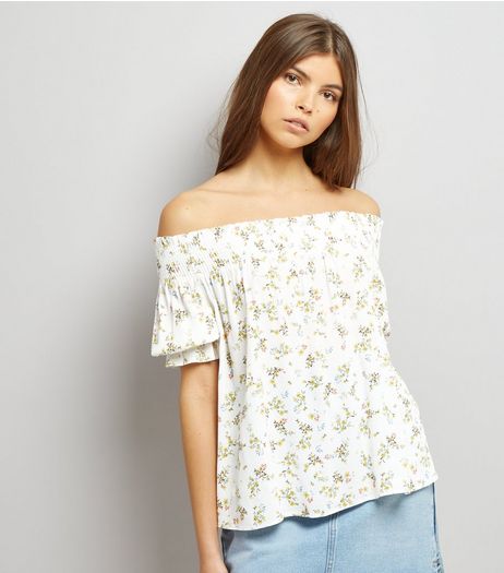 White Floral Print Shirred Bardot Top | New Look