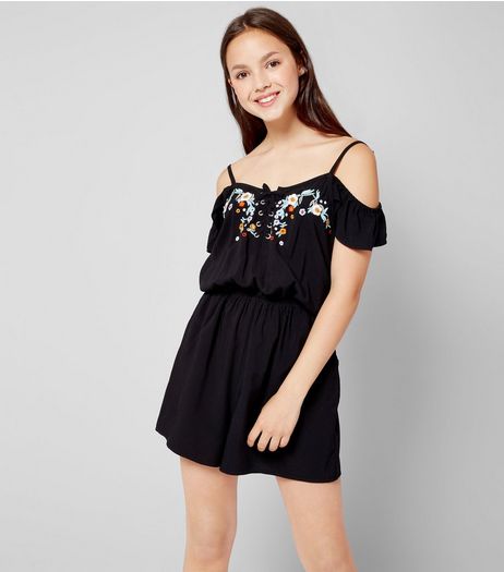 Teens Black Floral Embroidered Lace Up Playsuit | New Look