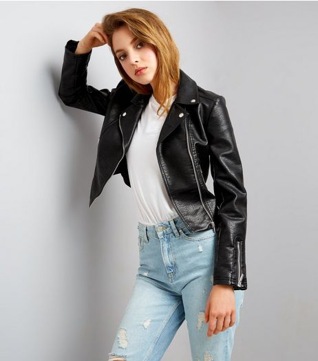 Black Leather-Look Cropped Biker Jacket | New Look