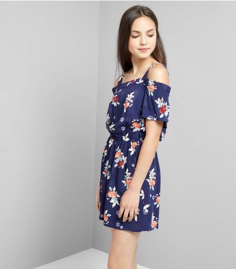 Teens Blue Floral Print Bardot Neck Playsuit | New Look