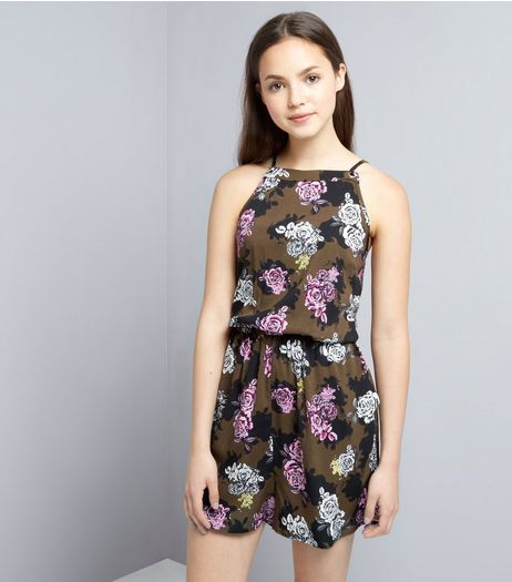 Teens Khaki Floral Print Playsuit | New Look