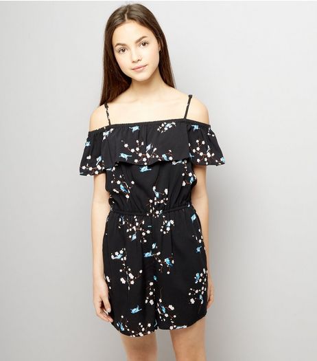 Teens Black Floral Print Frill Trim Playsuit | New Look