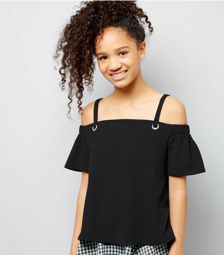 Teens Black Eyelet Strap Cold Shoulder Top | New Look